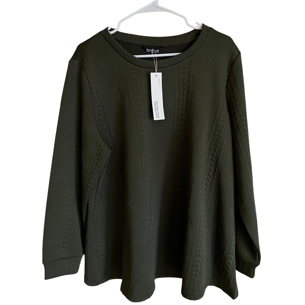 BloomChic Womens Olive Green Textured Jacquard Diamond Cable Knit Top Size 14-16